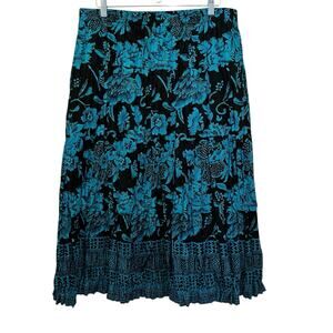 VTG Serengeti Midi Skirt Blue Turquoise Black Sz XL Elastic Waist Lined Pleated